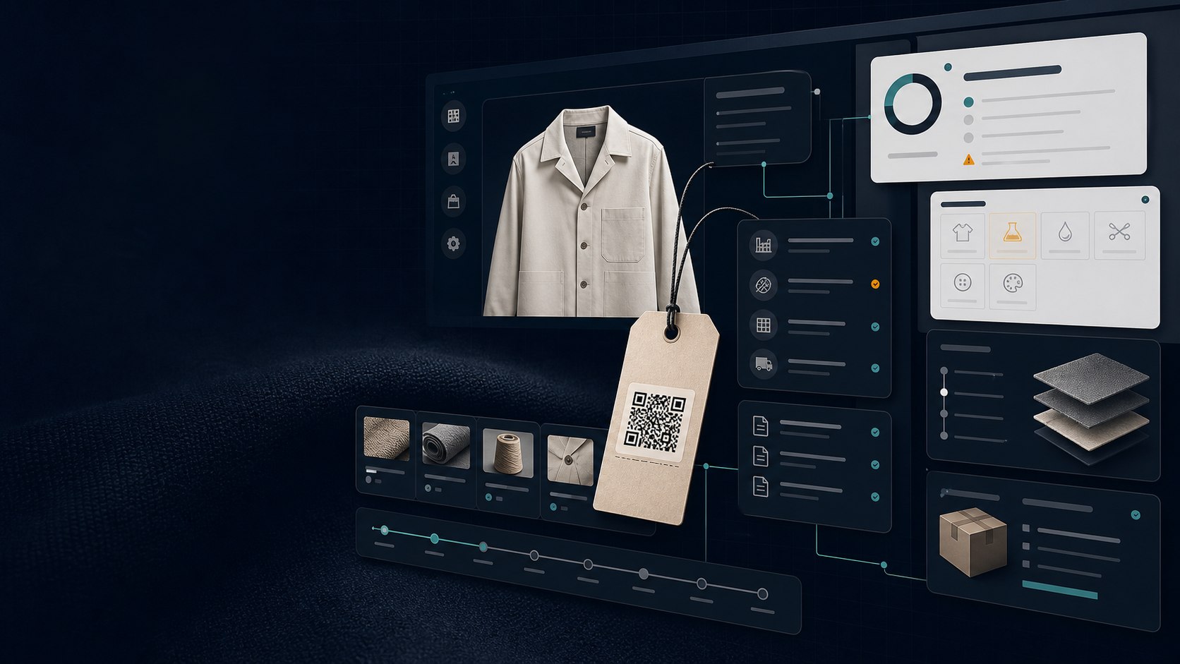 Escena premium de producto ModaTrace con QR, etiqueta y readiness
