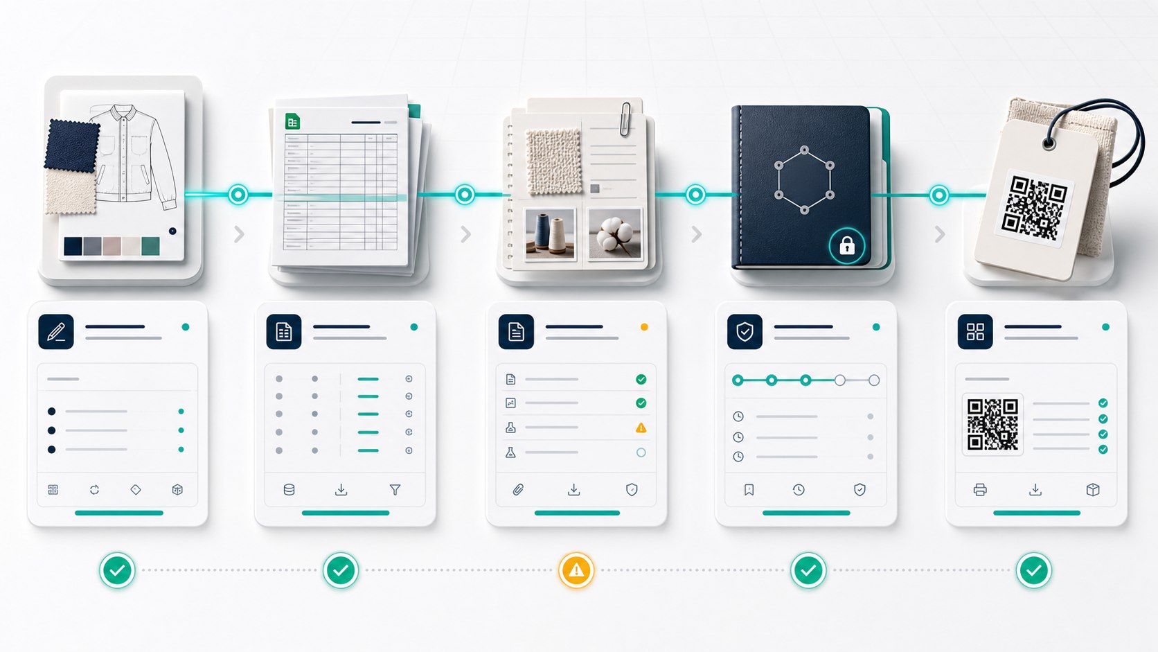 Flujo visual premium desde diseno, supplier CSV, evidencias y custodia hasta QR/Label Pack
