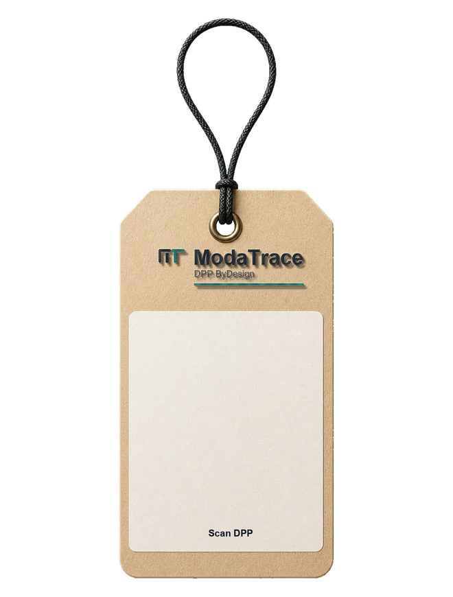 Hangtag fisica ModaTrace con espacio para QR del pasaporte digital del producto